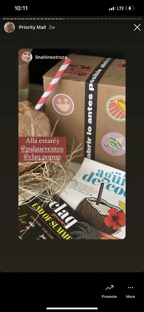 Priority Mail influencer invitation box sent ahead of the Claq Popup event, shared to an invited creator's Instagram story