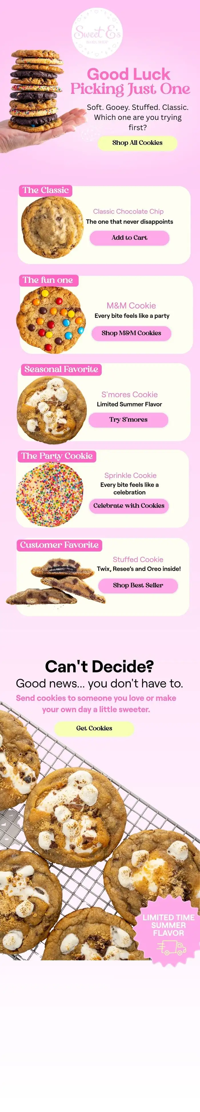 Sweet E's Bake Shop cookie flavor lineup campaign email